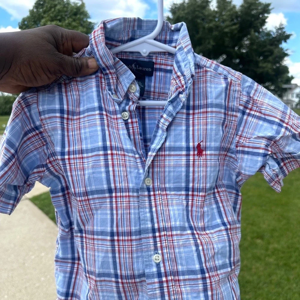Ralph Lauren Toddler Boys Size 3T Blue Red Plaid Short Sleeve Button Down Shirt